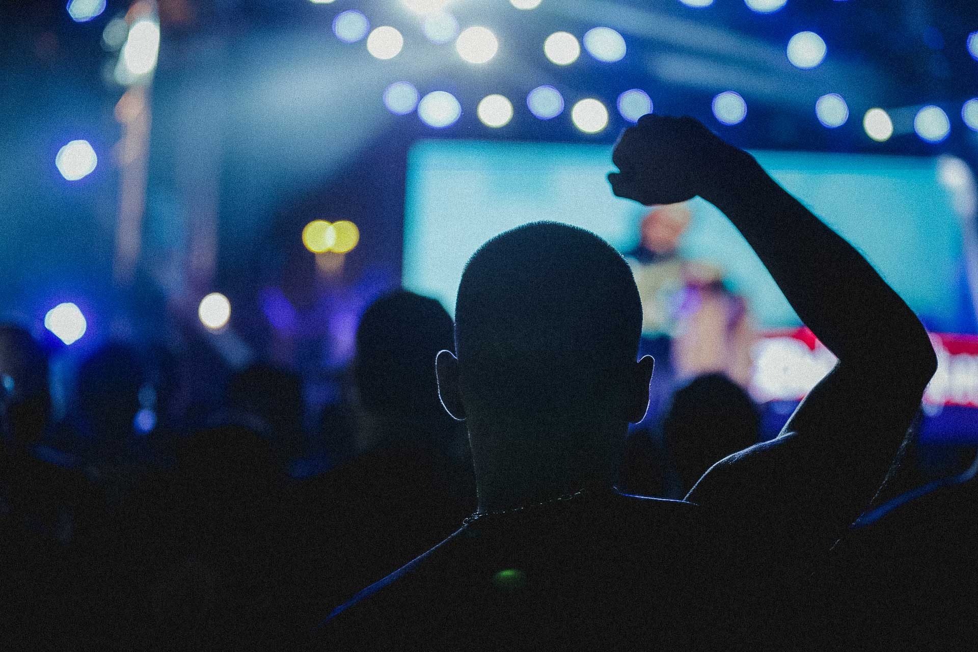 foto do show de dexter no campão cultural, silhueta de um homem de costas com o punho em riste