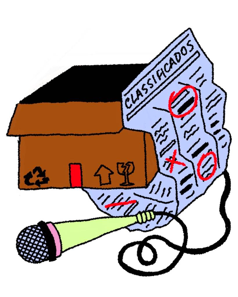 Ilustração de caixa de papelão, jornal e microfone