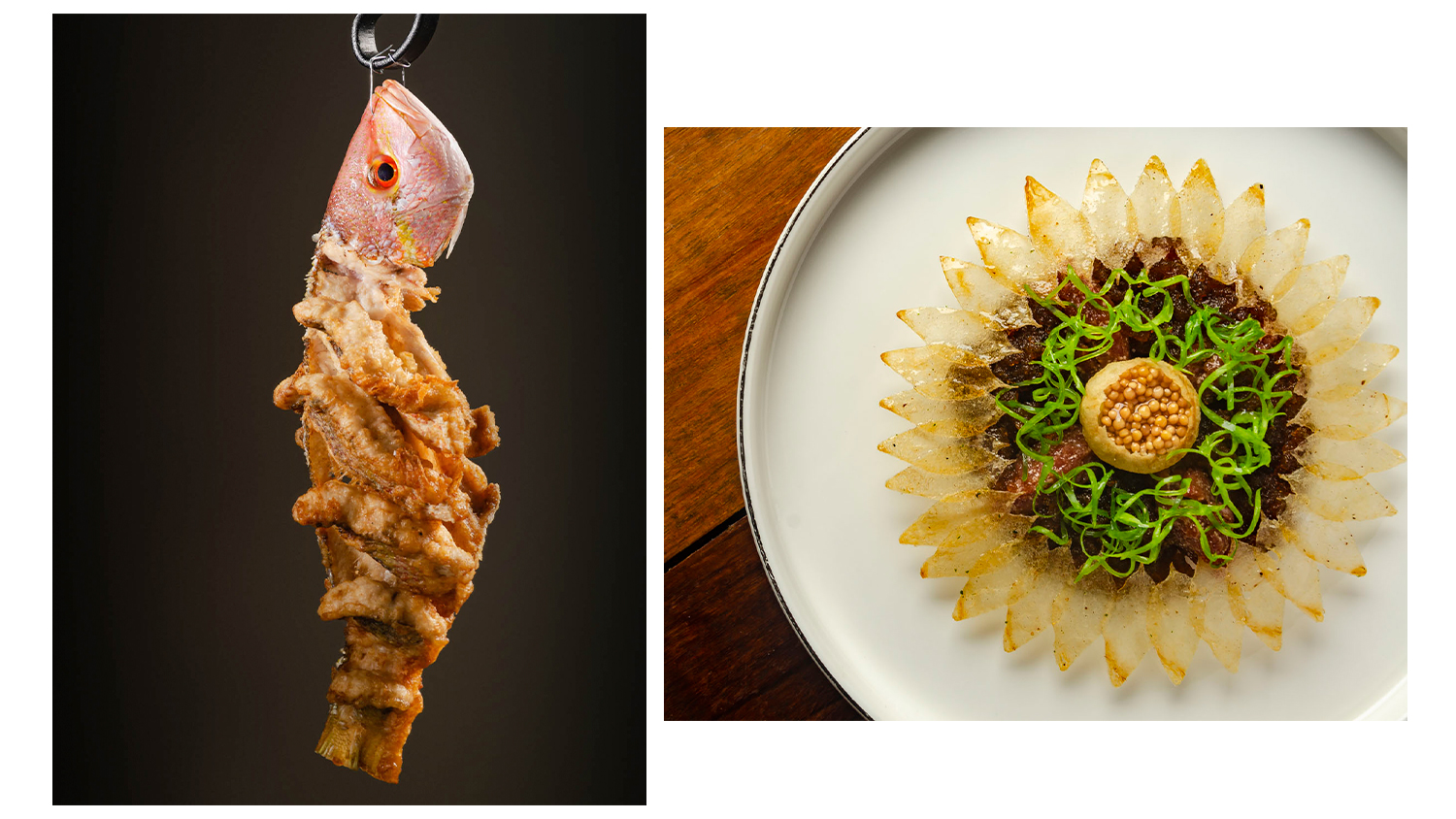 abre-manga-4 À esq., o Vermelho frito por inteiro; e o Crudo de Boi, gelatina de costela na brasa, crocantes de batata e picles de mostarda que faz parte do menu degustação de 12 etapas.