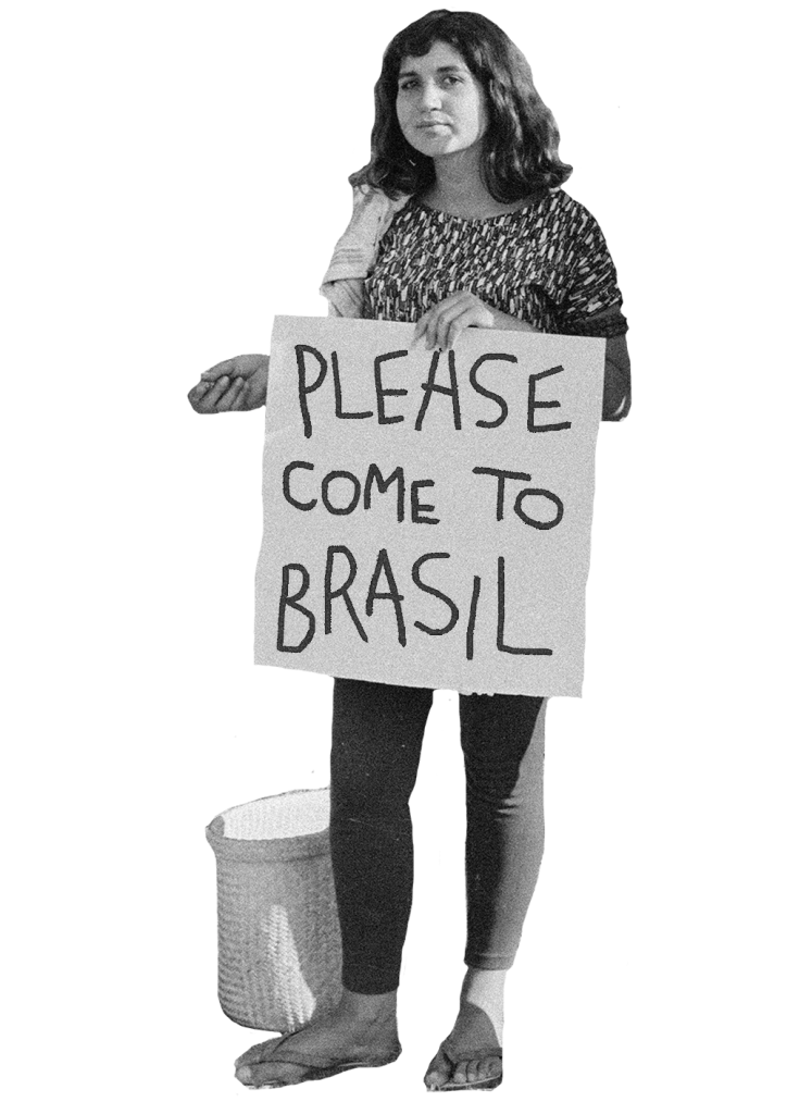 foto antiga de fãs com cartaz escrito pelase come to brasil